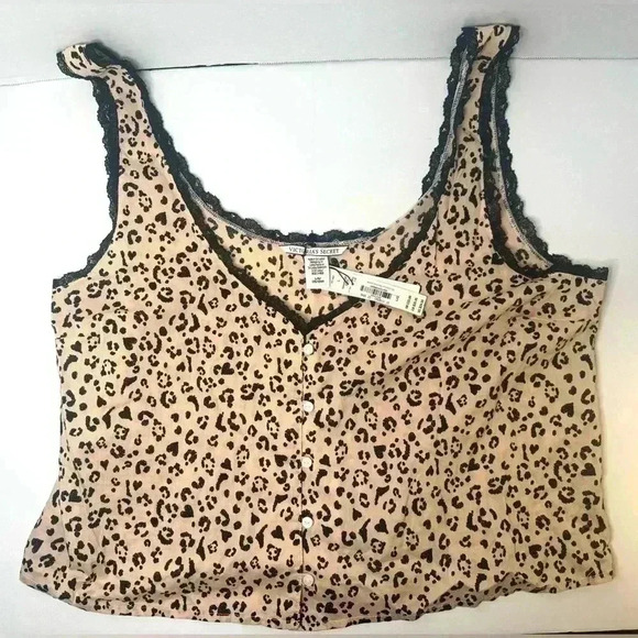 Victoria’s Secret Women Pajama Top Crop Leopard Animal Print Lace‎ Trim Size L - Picture 4 of 7